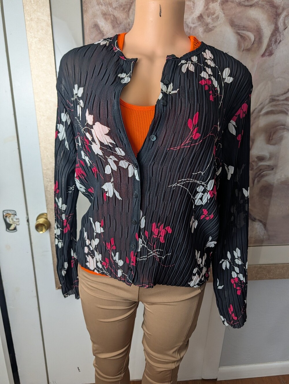 Vintage Rafael Plissé Pleated Floral Button Down Shirt Black/Pink Y2K Size M